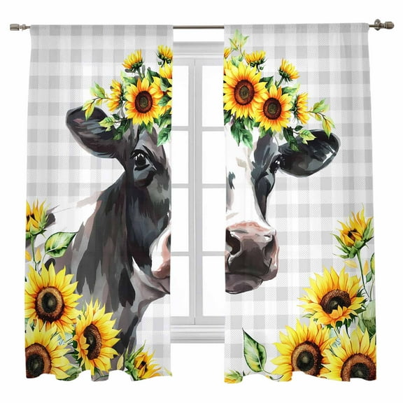 Cow Sunflower Sheer Curtains 63 inches Long, Plant Farm Flower Gray Plaid Light Filtering Sheer Window Curtains Rod Pocket Voile Drapes for Bedroom Living Room, 52"W x 63"L 2 Panels
