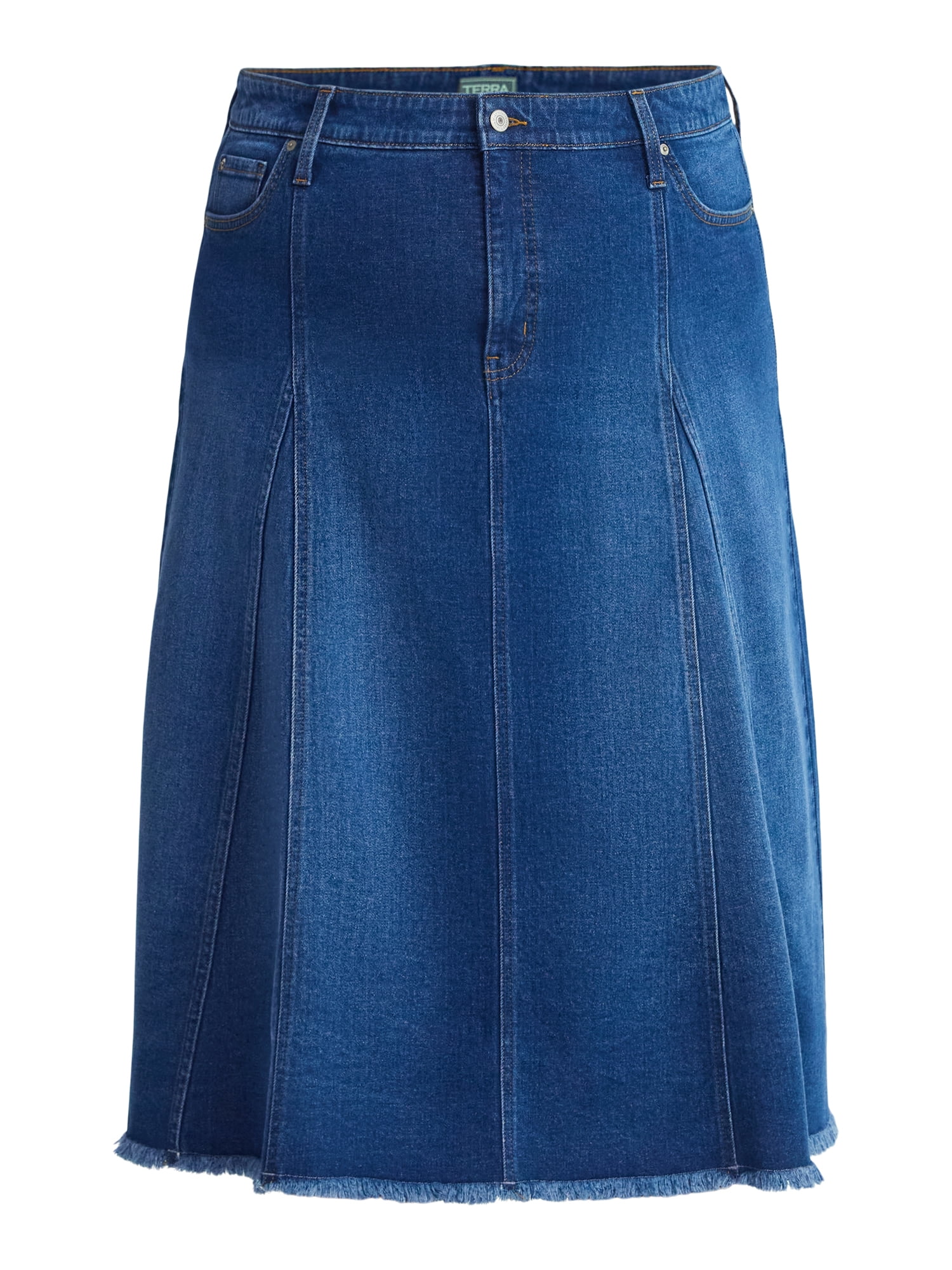 Terra & Sky Women's Plus Panel Denim Midi Skirt with Frayed
