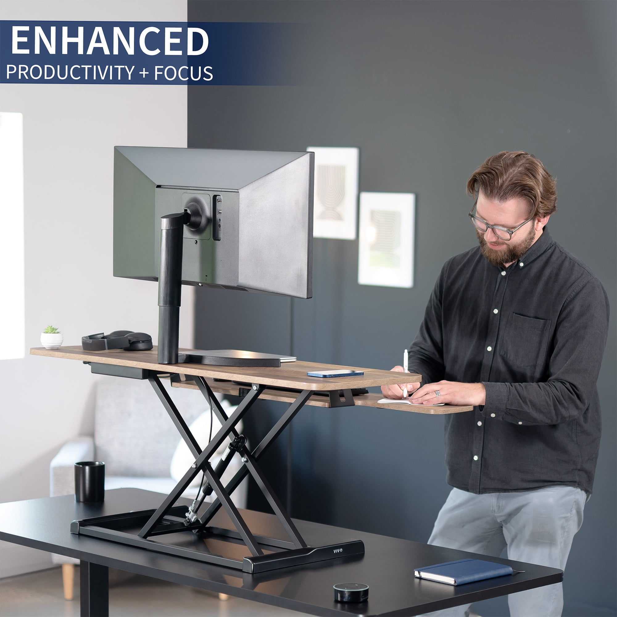 VIVO Reclaimed Wood Height Adjustable 48" Standing Desk Riser Sit Stand Tabletop