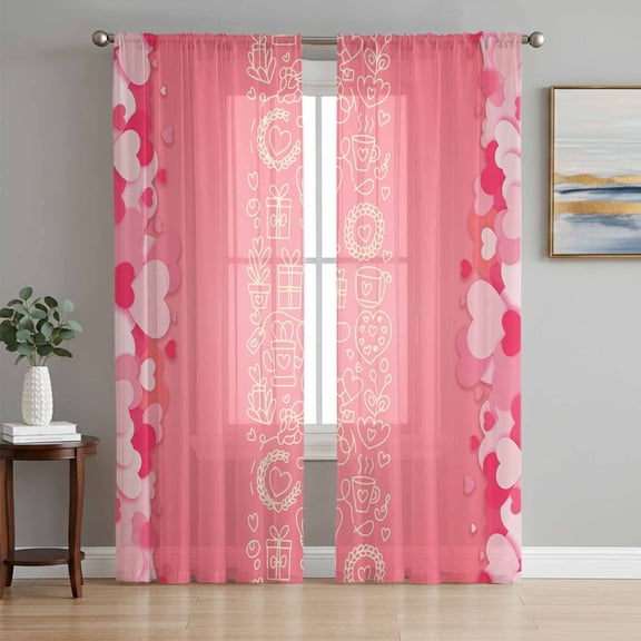 Valentine's Day Sheer Curtains 63 Inch Length 2 Panels Set, Pink Love Paper Cuttings Romantic Voile Window Treatment Rod Pocket Curtains Sheers Drapes for Bedroom/Living Room/Kitchen 52x"63"x2