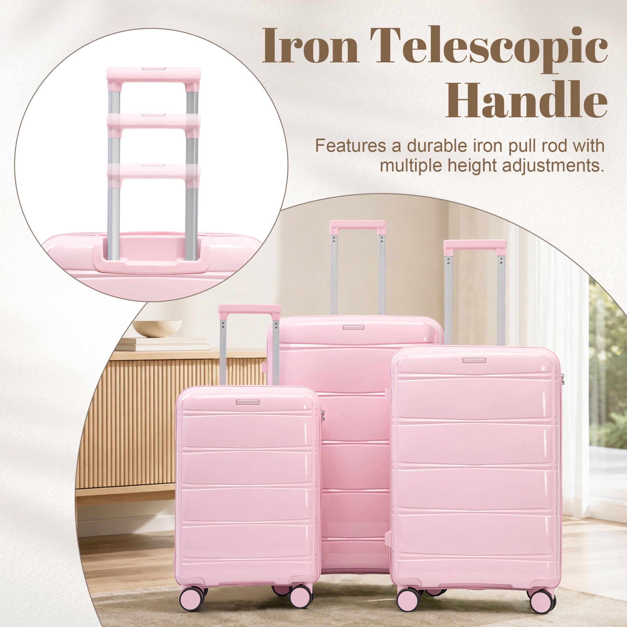 GDF Studio 3-Piece 20"/24"/28" PP Hardshell Travel Luggage Set with Spinner Wheels & Combination Lock, Pink