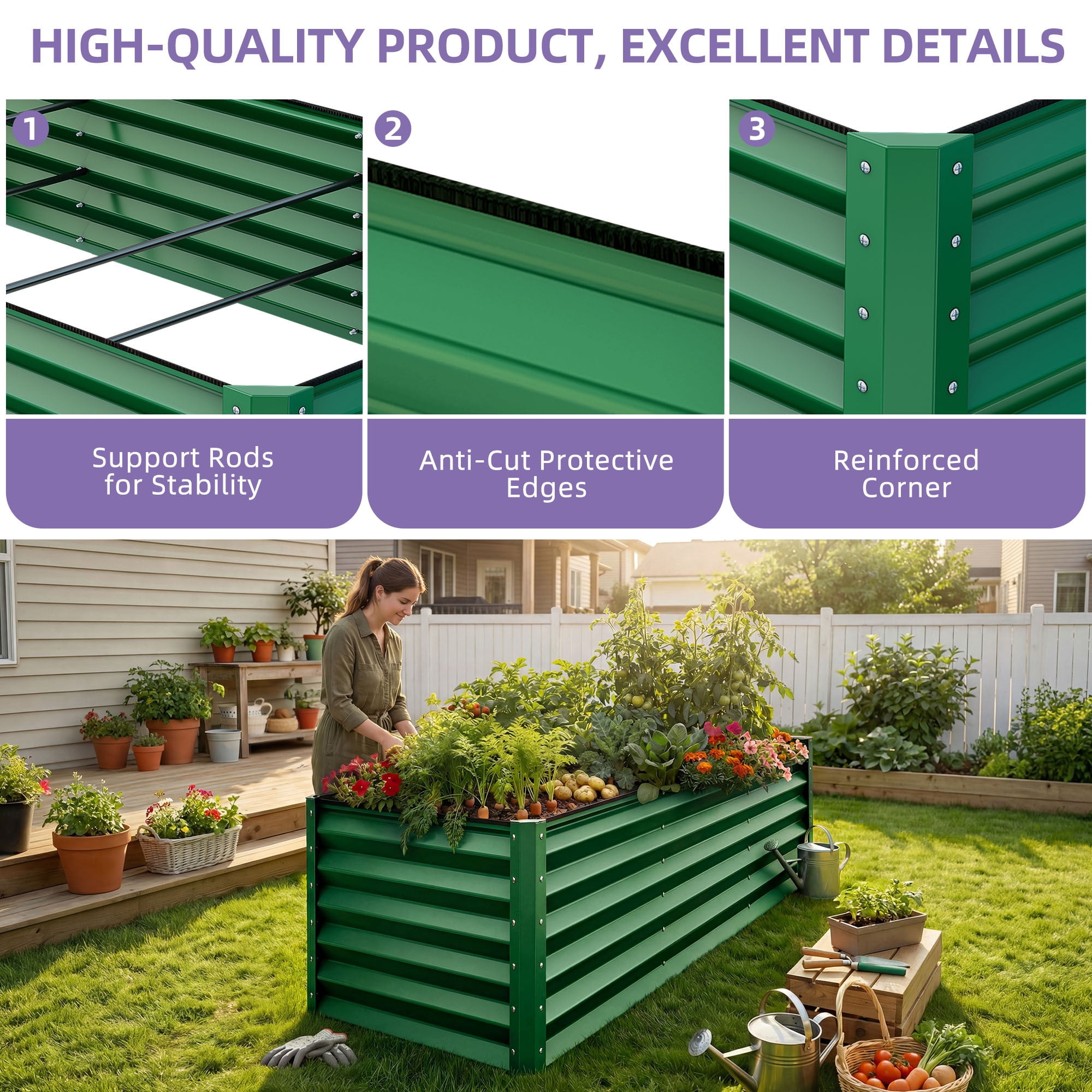 Uforic 8x4x3ft Large Galvanized Metal Raised Garden Bed Kit with Gloves, Support Rod & Safety Rubber, Outdoor Above Ground Planters for Plants Vegetables Flowers, Green