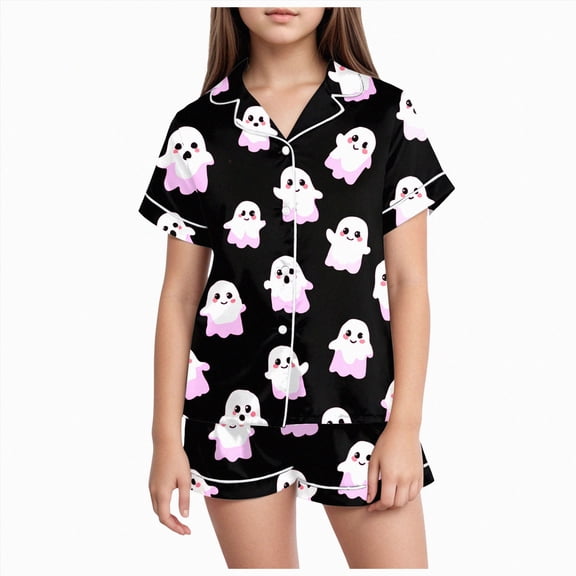 enyan Girls Halloween Pajamas 2 Piece Pumpkin Ghost Sleepwear Short Sleeve Jammies for Kids Button-Down Nightwear Girl Pajama(Light Pink,12-13 Years)