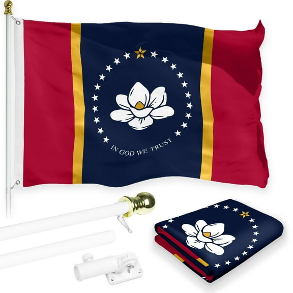 G128 Combo Pack: 6 Feet Tangle Free Spinning Flagpole (White) Mississippi MS State Flag 3x5 ft Printed 150D Brass Grommets (Flag Included) Aluminum Flag Pole