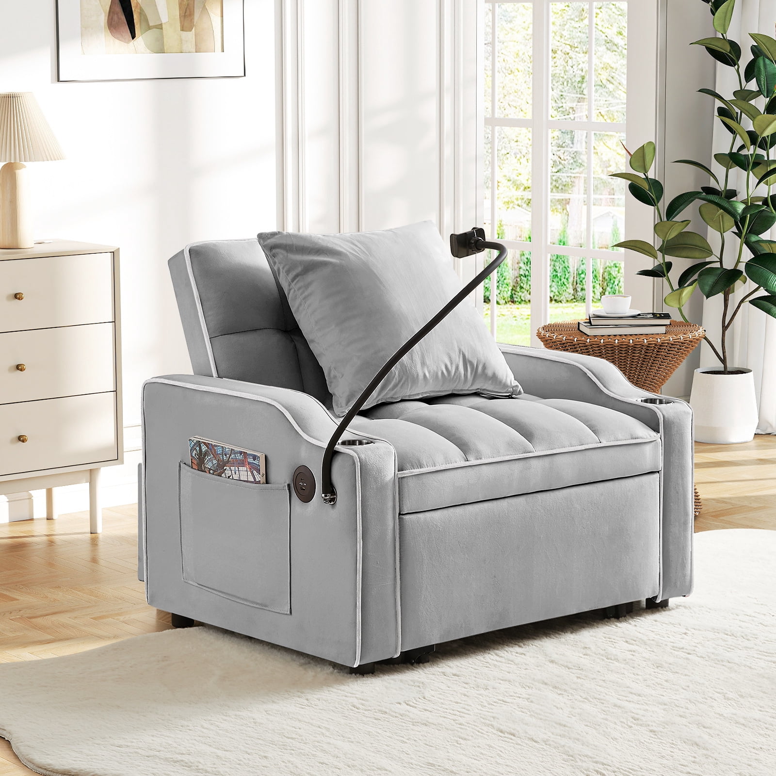 Lunale 4-in-1 Convertible Sleeper Chair Bed with Charge Ports & Phone Stand, Gray Velvet