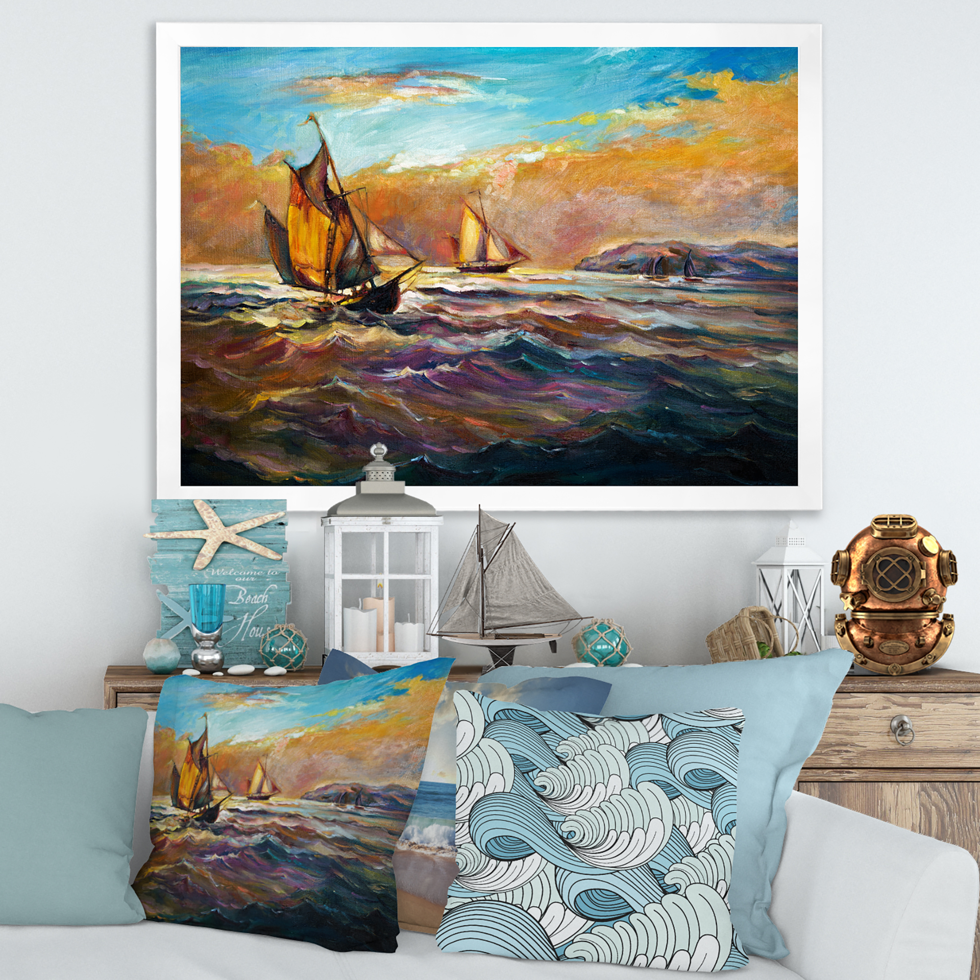 Boats During Evening Sunset In The Ocean II 40 in x 30 in Framed Painting Canvas Art Print, by Designart