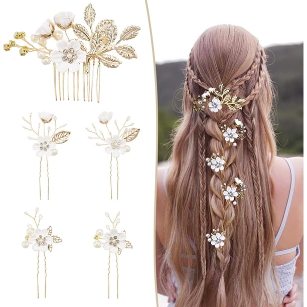 Pasadores para Peinar el Cabello, Tocado de Novia con Flores y Perlas, Diademas Vintage, Ideales para Damas de Honor y Moños, Blanco Puro
