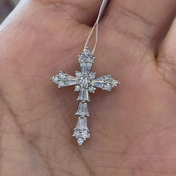 Women's Baguette Cut Diamond Cross Pendant 14K White Gold Plated Free Chain