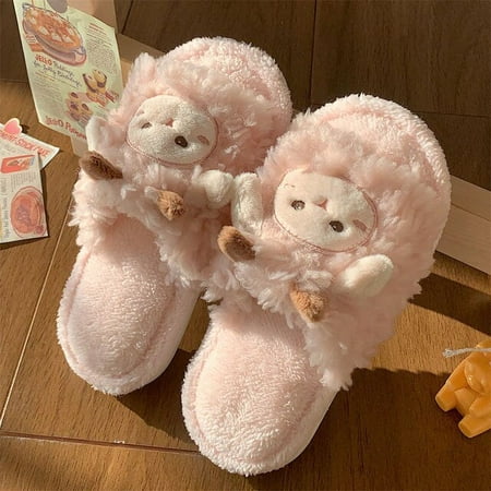 

CoCopeaunt Women Home Cotton Slippers Indoor House Shoes Warm Plush Slipper Cute Fluffy Fur Sheep Plush Slippers Couple Cotton Slippers