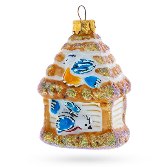 Birdhouse with Bluebirds Glass Christmas Ornament