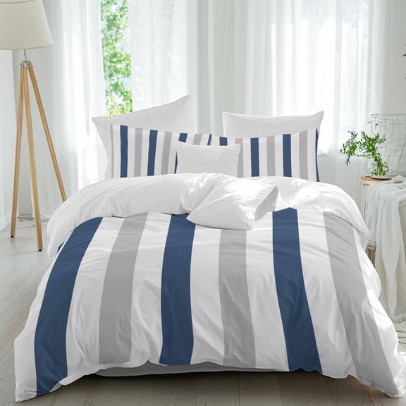 3 Piece Navy Blue Striped Duvet Cover Set Twin Size,Microfiber Comforter/Quilt Cover with Corner Ties and 2 Pillowcases,Geometric Grey White Vertical Stripes All Season Bedding with Zipper Closure