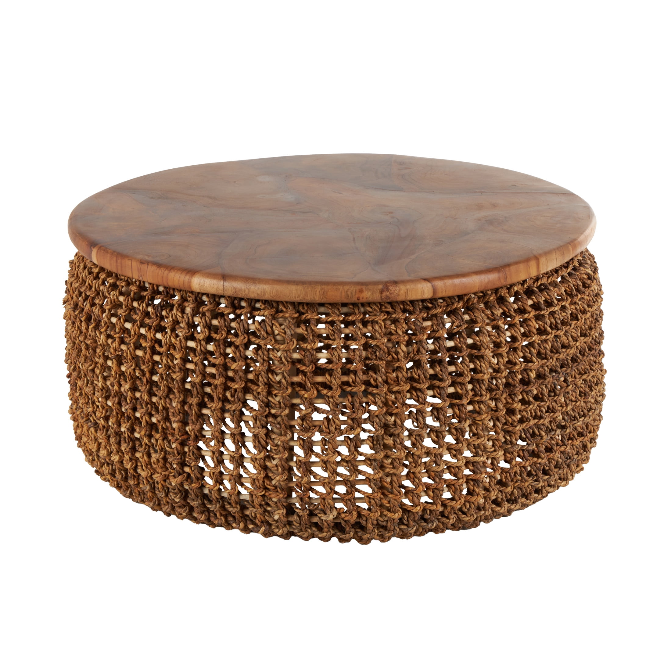 DecMode 33" x 16" Brown Rattan Woven Coffee Table with Teak Tabletop, 1-Piece