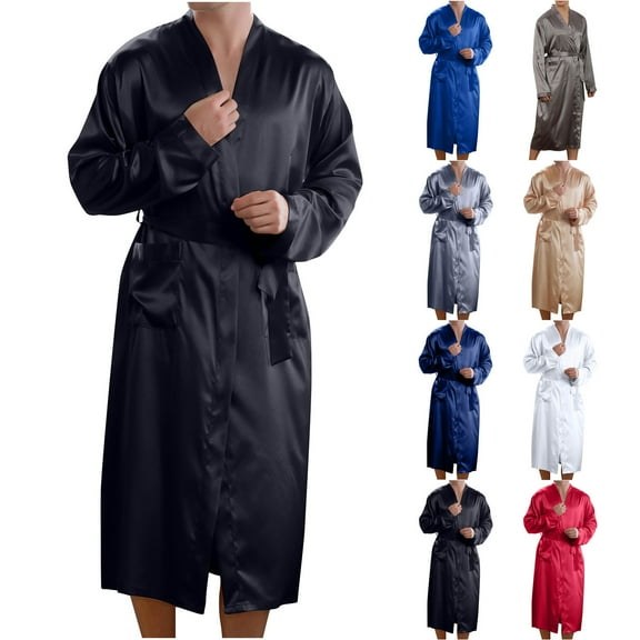 Bovxnpu Men's Bathrobes, Mens Robe Satin With Pockets With Belt Full Length Bathrobe Loungewear Nightwear Home Wear Comfortable Soft Cozy Warm Winter Robe
