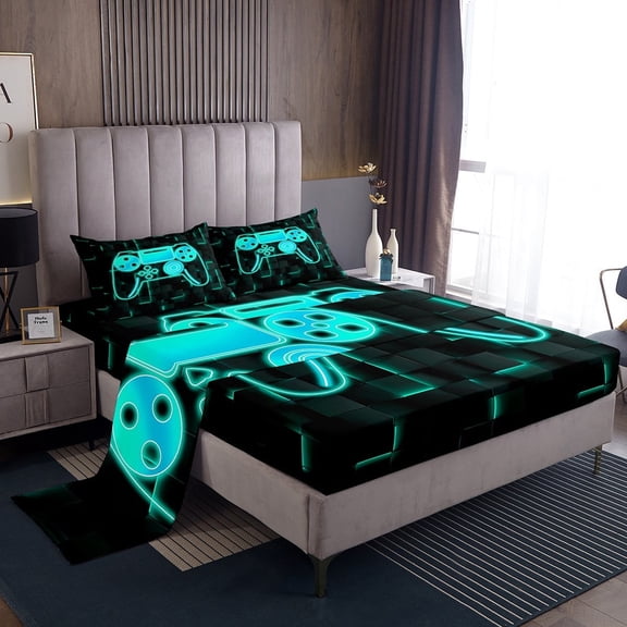 Erosebridal Boys Gamepads Sheet Set Twin,Video Game Bedding Sets Twin Size,Geometric Plaid Twin Sheet Sets,Super Cozy Buffalo Bedroom Decorative,3pcs