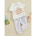 thumbnail image 3 of Suealasg Toddler Boys Easter Clothes 2Pcs Newborn Baby Boys Spring Outfit Kids Boys Short Sleeve Crew Neck Letters Print Tops +Elastic Waist Pants, 3 of 9
