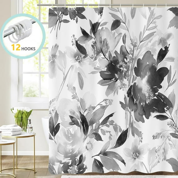 Zrodlmo Floral Fabric Shower Curtain with Hooks, 13-Piece Watercolor Plant Leaves Bathroom Curtain, 72" x 72", Black