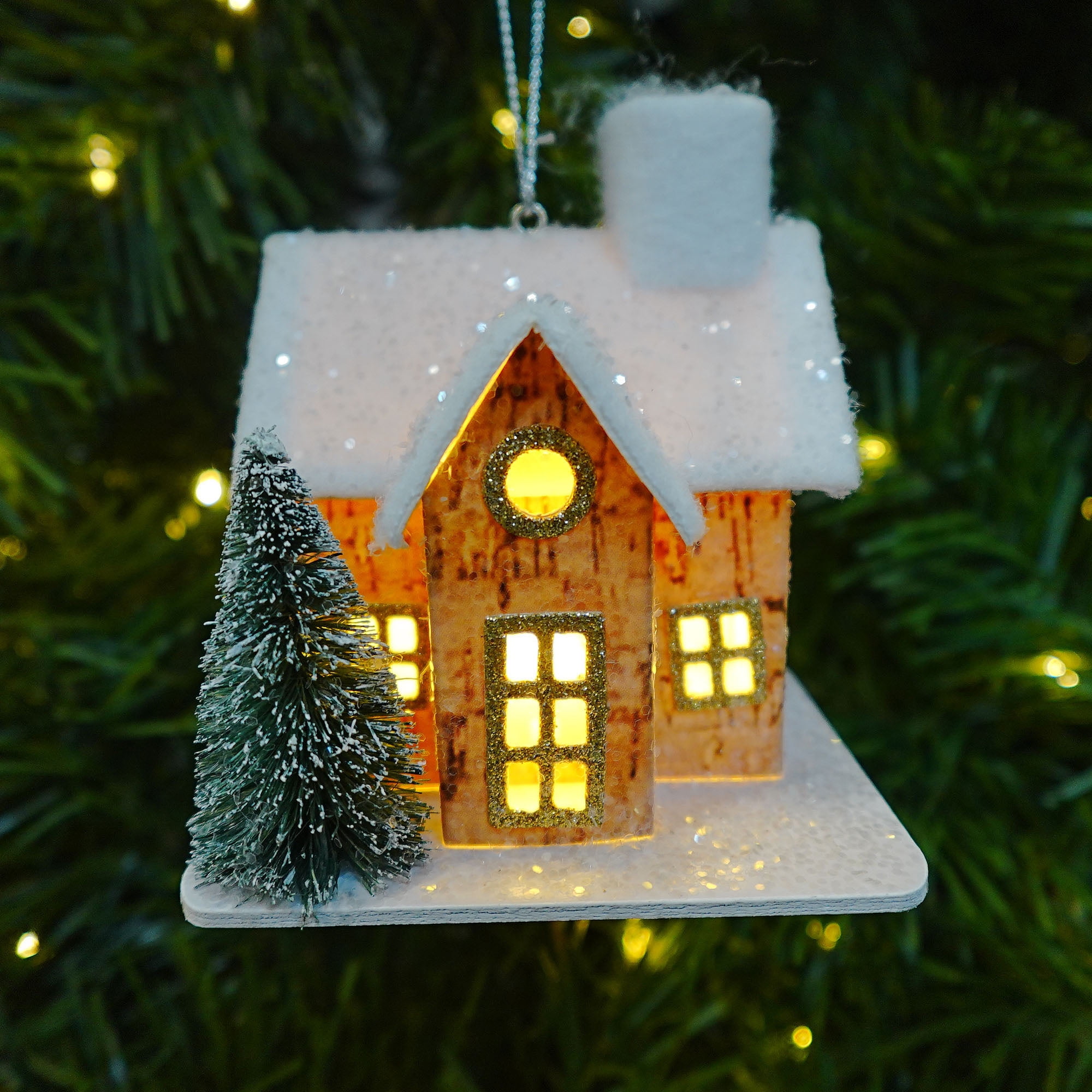 Holiday Time Brwon LED Cork House With Tree Ornament