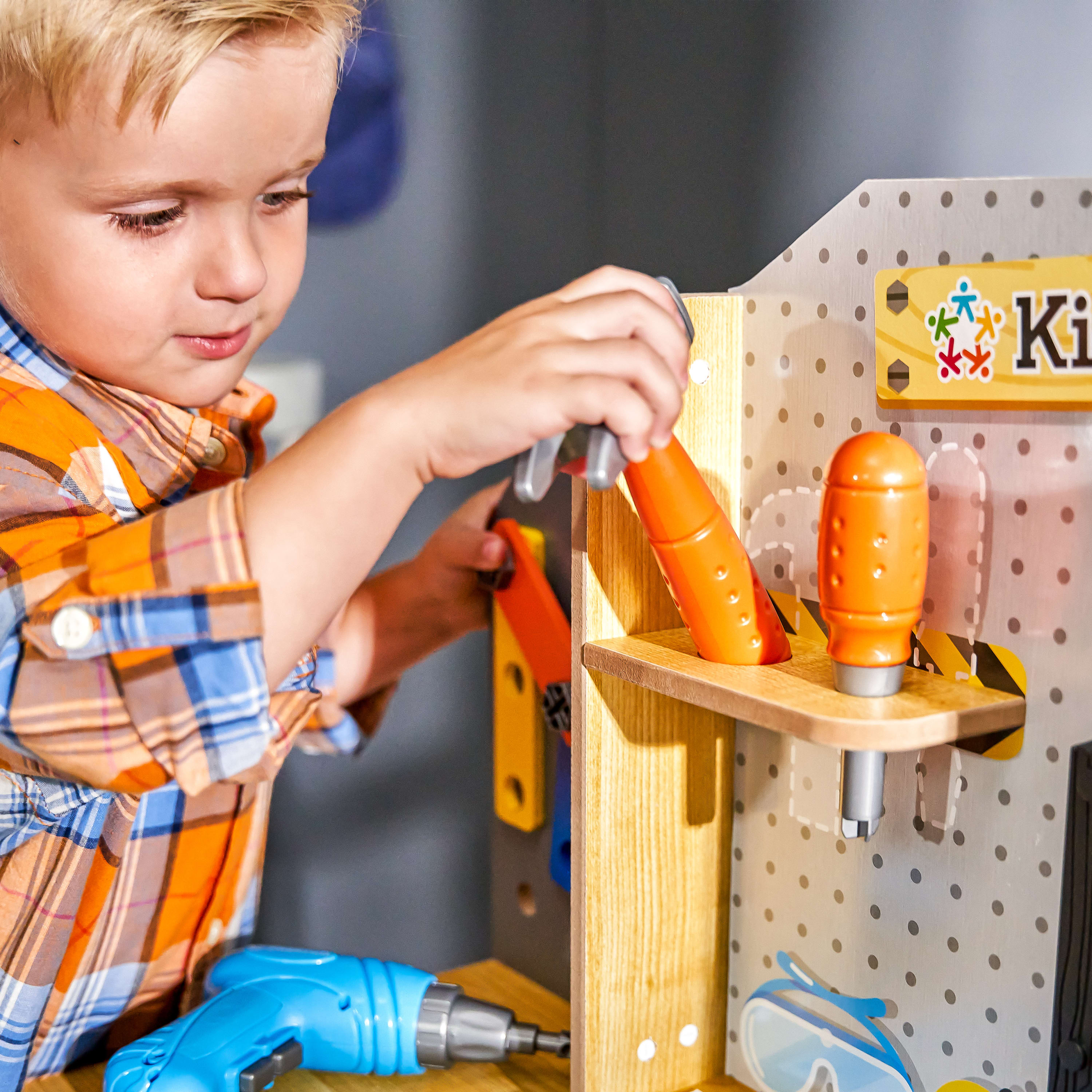 KidKraft Blueprint Build Wooden Play Workbench with 40+ Accessories and Working Drill