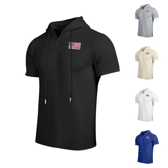 Men's Solid Color Short Sleeve Button Up Hooded Pullover, Casual Hoodie Top With Hood, Button Closure, Polyester Rayon Cotton Blend, Lightweight Breathable, Daily Wear | Zenithor,Black L