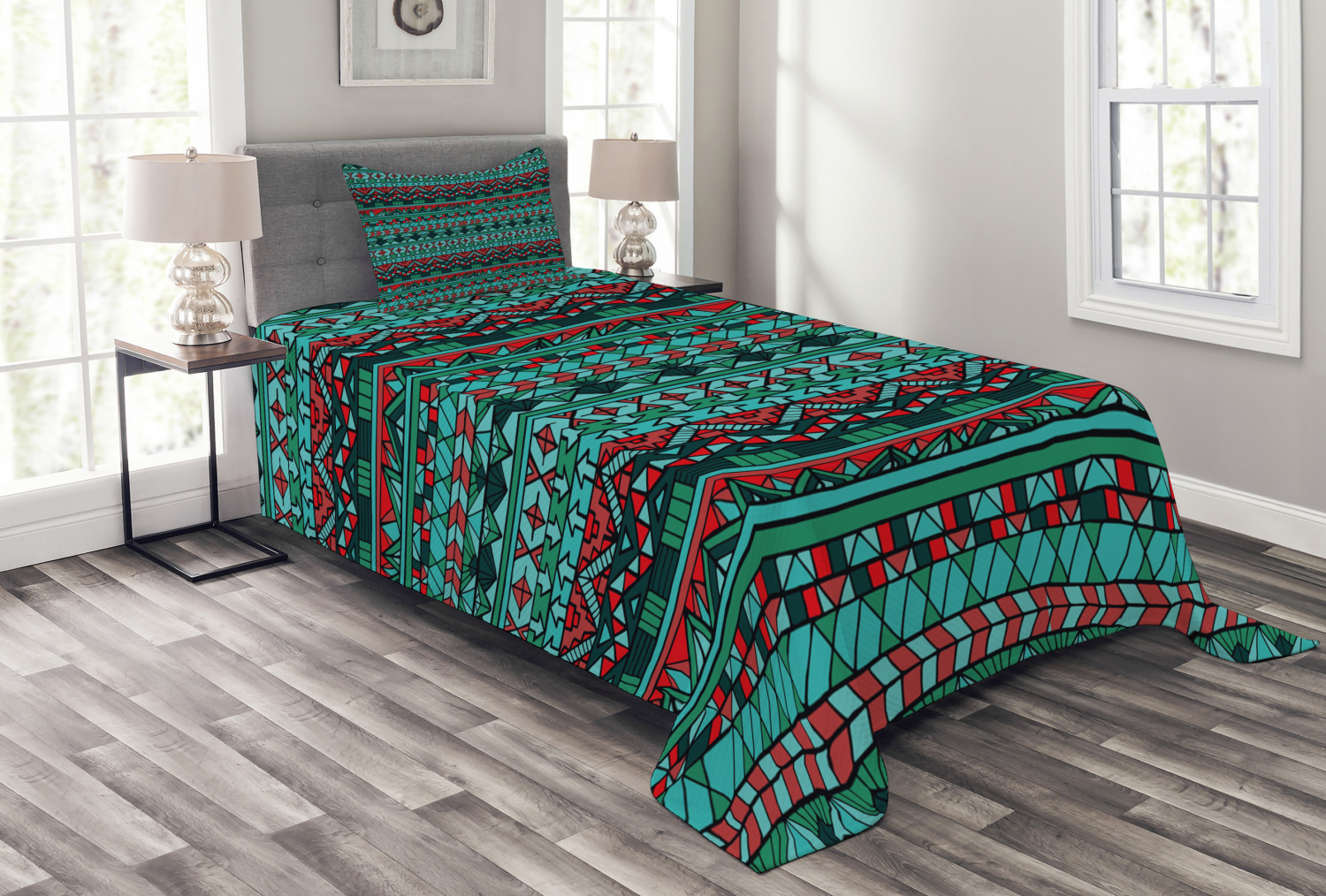 Tribal Bedspread Set Twin Size, Hand 