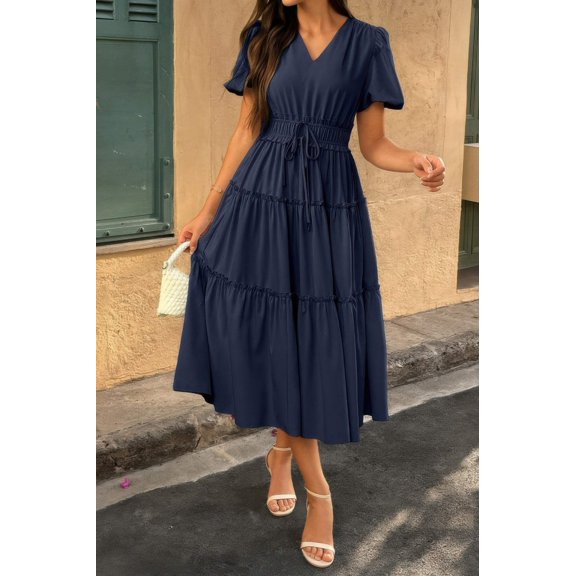 GARDEN NAKED Solid Color Block Puff Sleeve Elastic Waist Dress