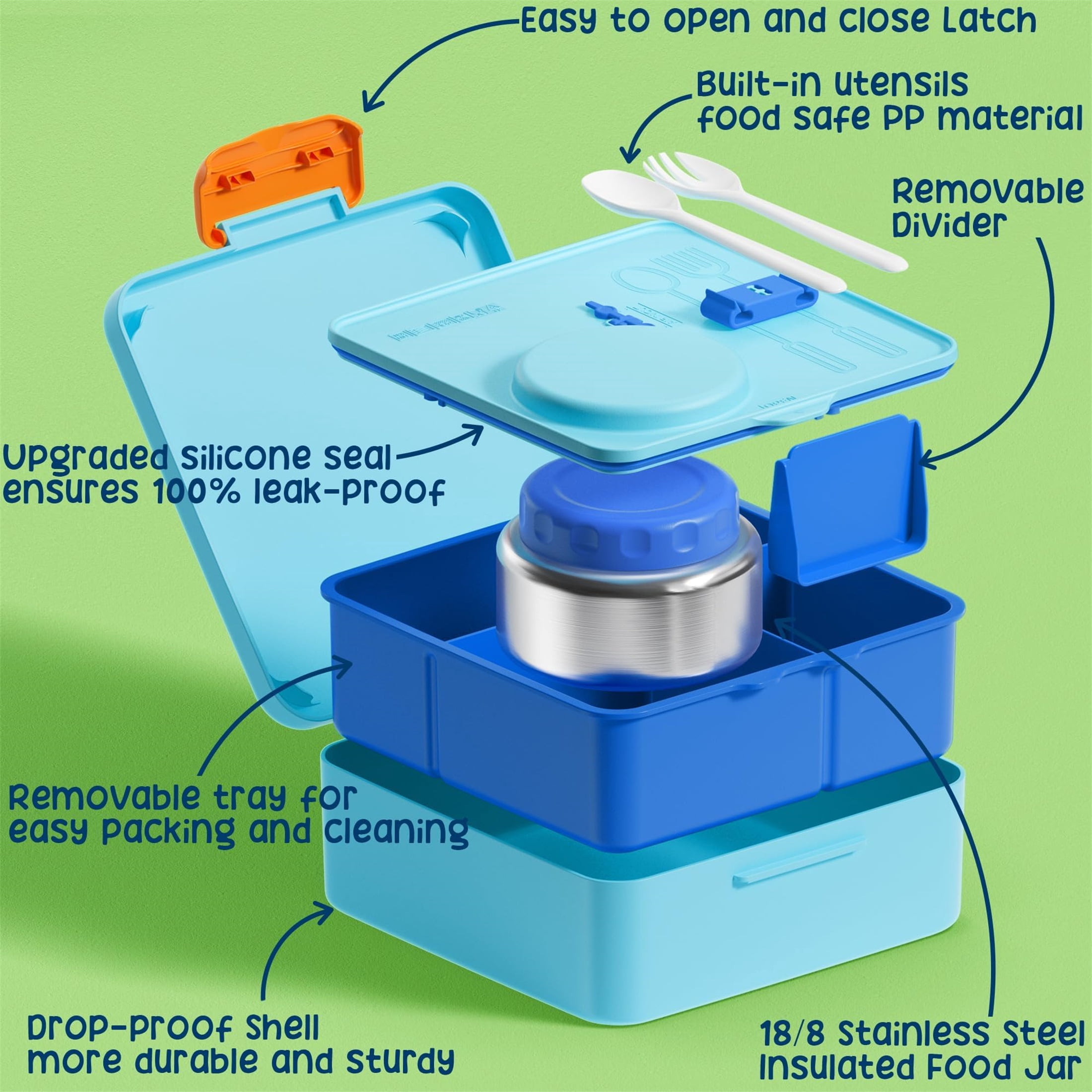 Bento Lunch Box Set for Teen Adult, Lunch Food Container 3-4 Compartment with 14 OZ Water Bottle, Food Jar, Insulated Lunch Bag, Sauce Cup, Utensils, Ocean Blue
