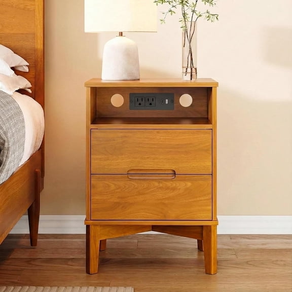 Mid-Century Modern Nightstand with Hidden Charging Station, USB Ports, Cable Hole, 2 Drawers & Open Shelf, 19" Natural Finish Bedside Table for Bedroom or Living Room