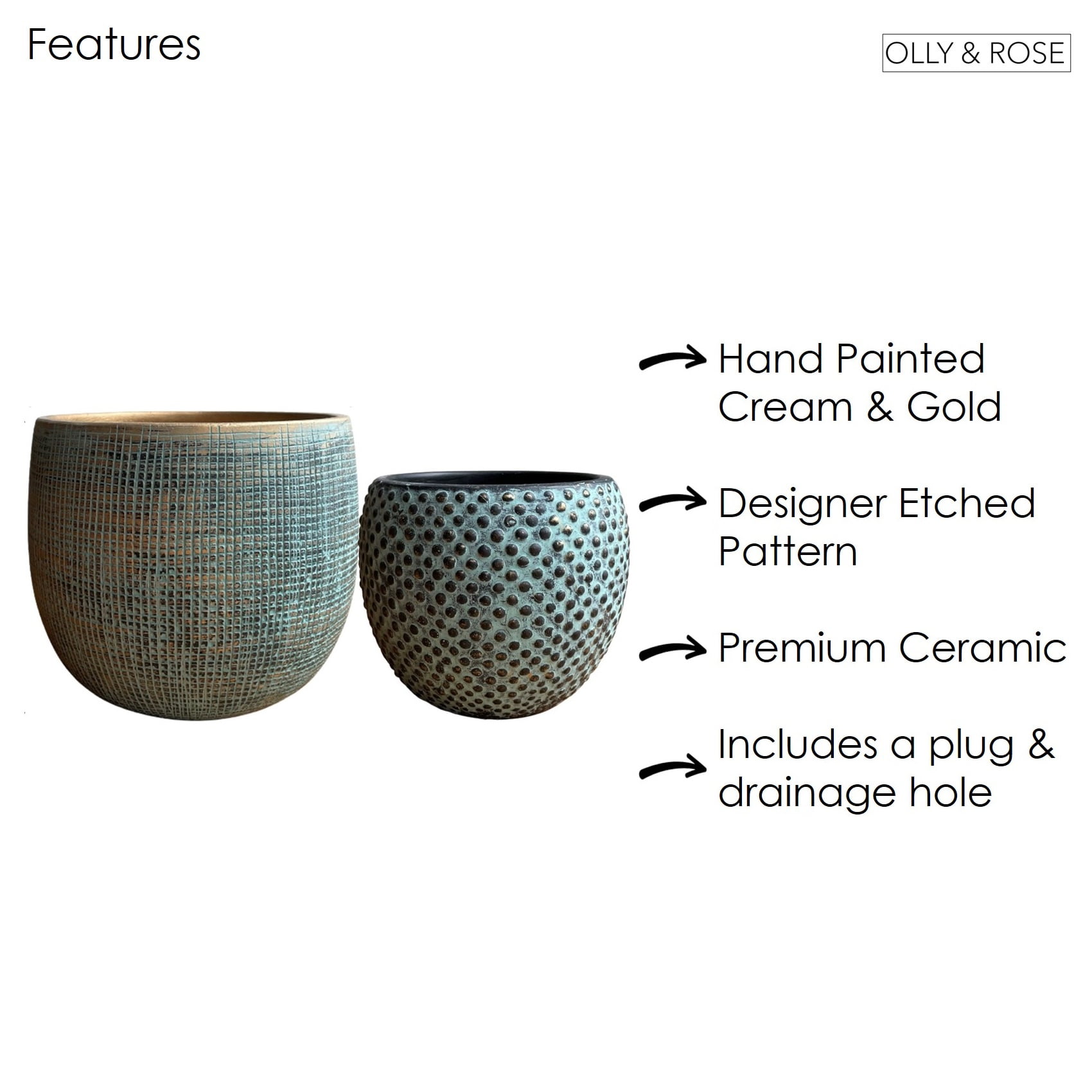 Olly & Rose Ceramic Green Gold Plant Pot Set 2 - 6.8" and 5.5" Indoor Planters Cement Outdoor Flower Pots