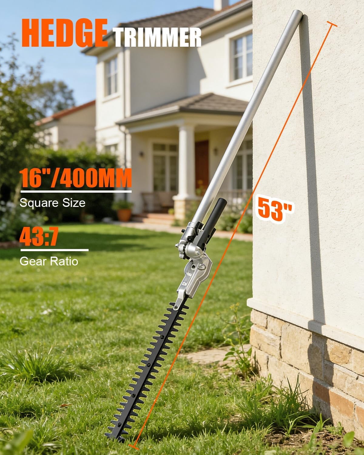 16-Inch Hedge Trimmer Attachment with 180° Swivel Head, Heavy Duty Dual-Action Cutting Blade Compatible with Gas-Powered Trimmers