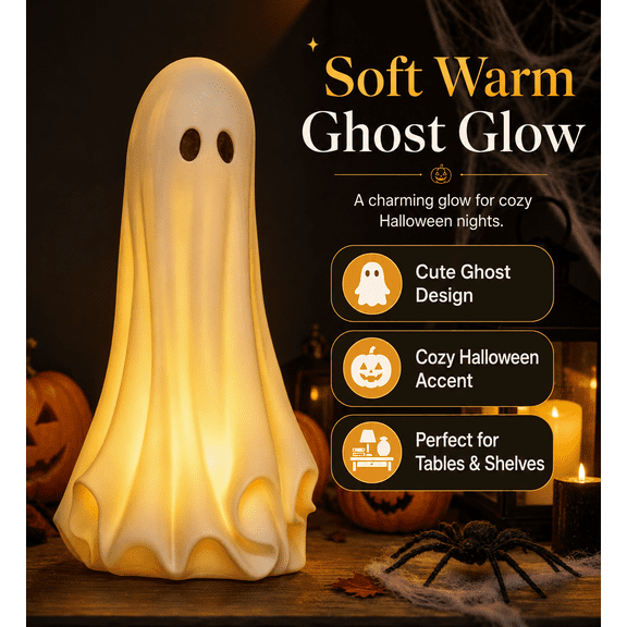 Light up Resin Ghost Halloween Decor, Warm LED Glowing Ghost Statue with Battery Power for Yard, Porch, House, Mantel, Party and Indoor Outdoor Spooky Decoration Display, 11.8in, White