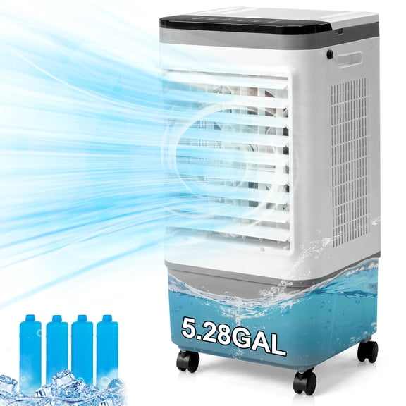 3 in 1 Portable Evaporative Cooler, Air Cooler with Remote, Copper Motor, 5.28 Gal Water Tank & Scroll Casters, 4 Ice Packs, 12H timer settings, Gray and White