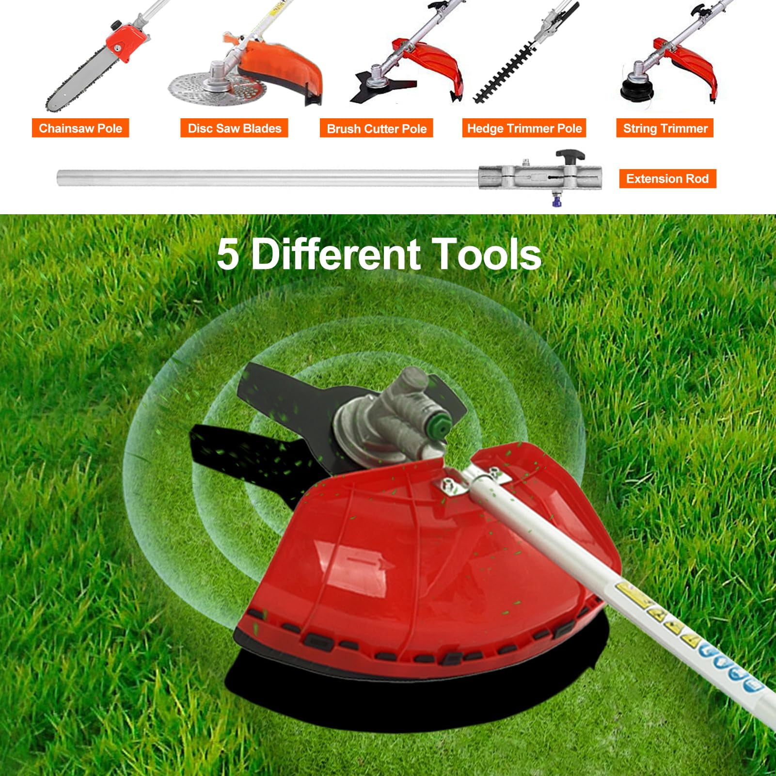 5 in 1 Weed Eater Grass Trimmer, Multi-Functional String Trimmer with Gas Pole Saw, Hedge Trimmer, Weed Trimmer, and Brush Cutter, 43"Extension Pole, Weed Eater for Patio Garden Lawn, 52CC 2-Cycle