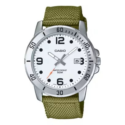 Casio Men's Analog White Dial Green Band Watch MTP-VD01C-3BV