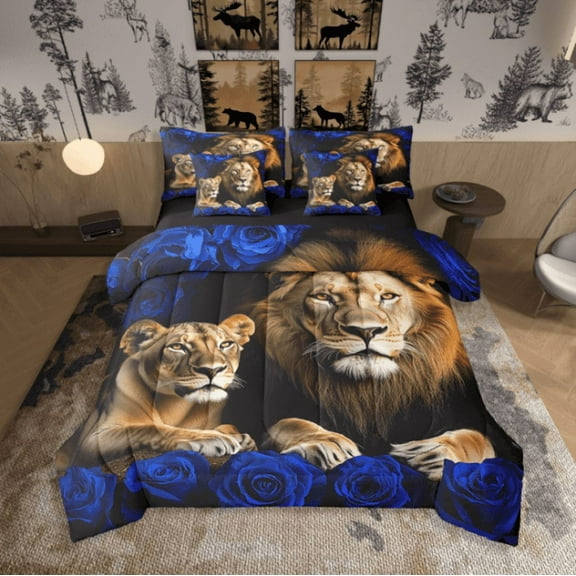 Lion Bed in a Bag King Size Comforter Set 7 Pieces,Blue Rose Bedding Sets,Western Sheet Set with Comforter African Animals Bed Set,Wildlife Flowers Room Decor