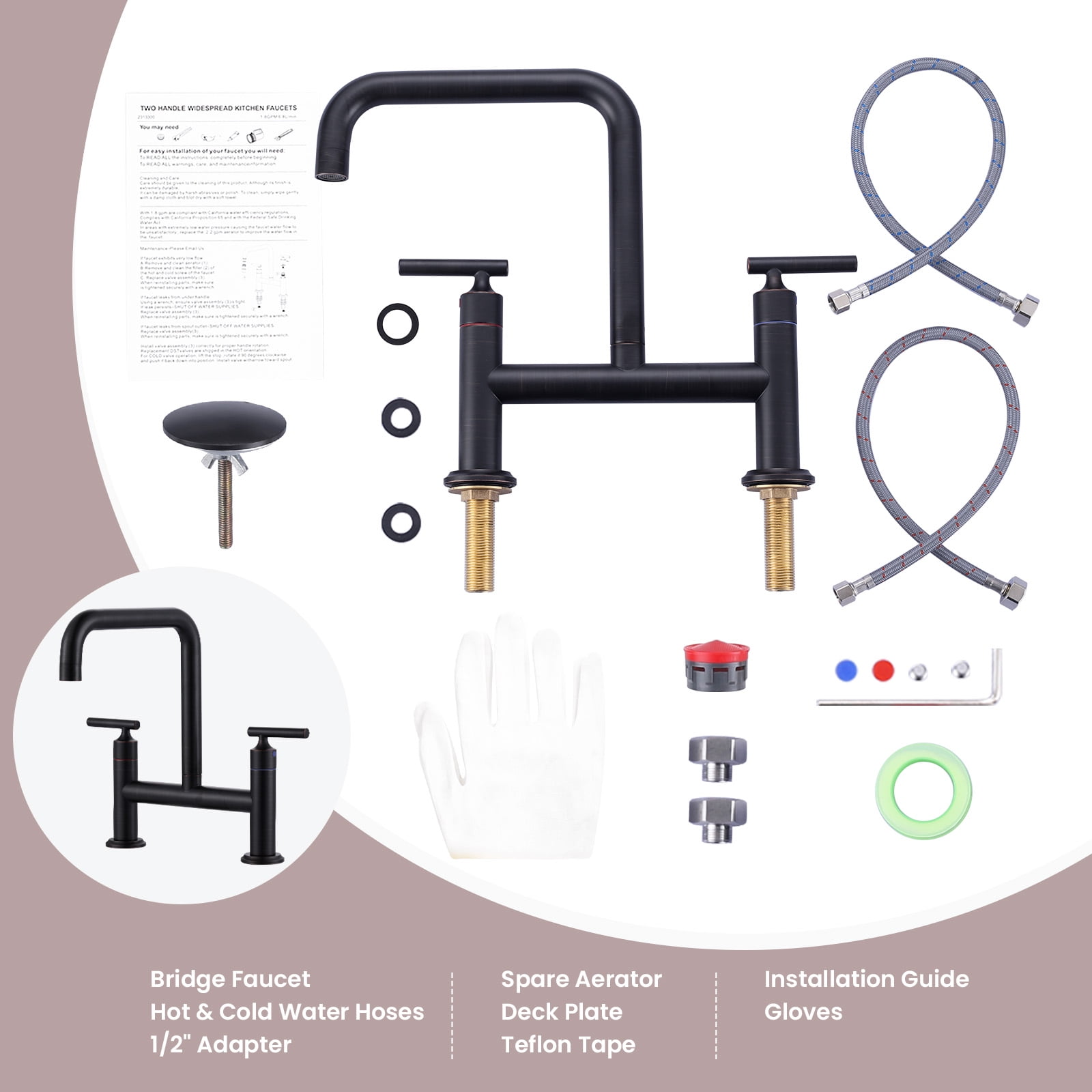 WOWOW Double Handle Bridge Faucet with Kitchen Sink Hole Cover