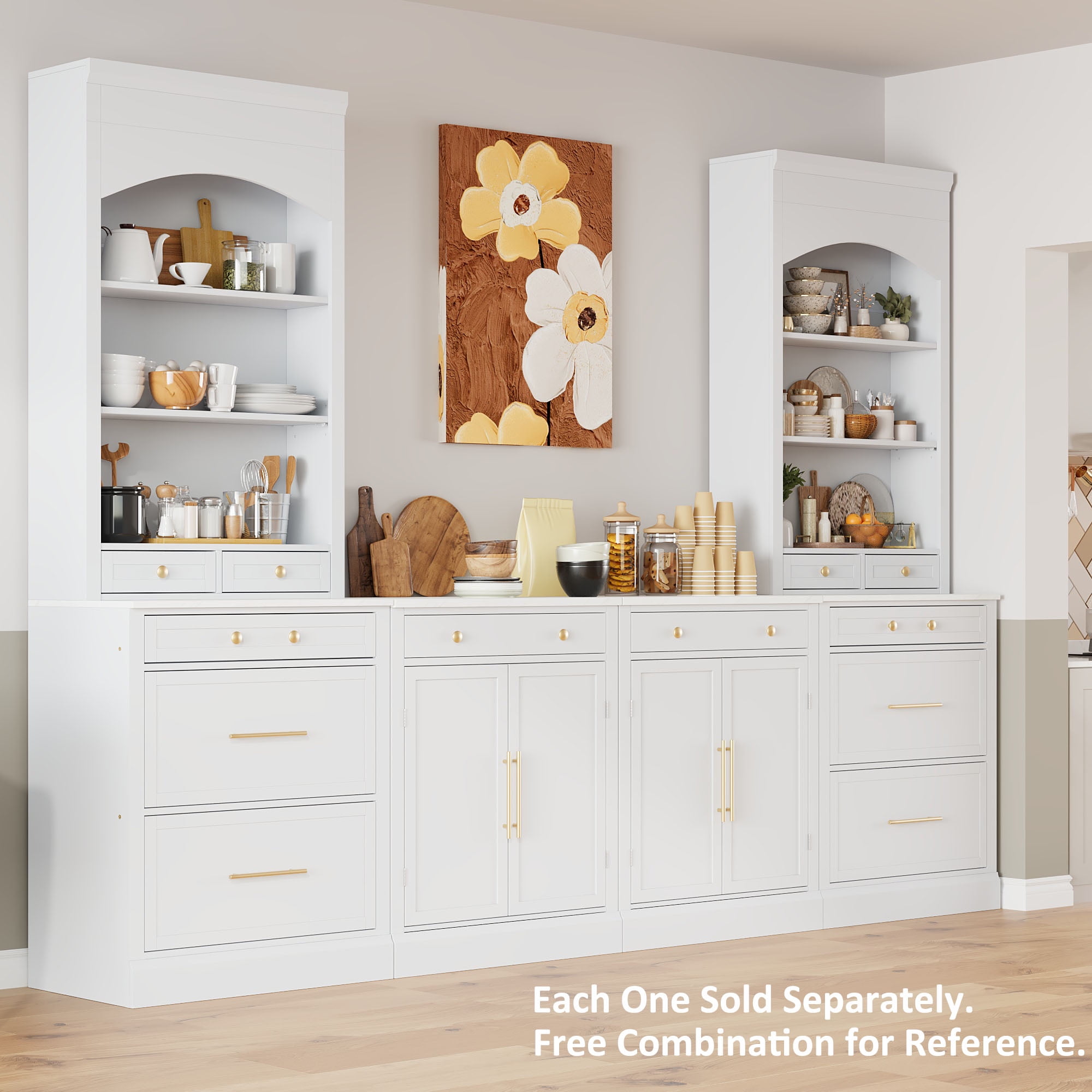 Harper & Bright Designs Freestanding Kitchen Pantry Storage Cabinet with Drawers and Shelves, Tall Kitchen Hutch with Faux Marble Top, White