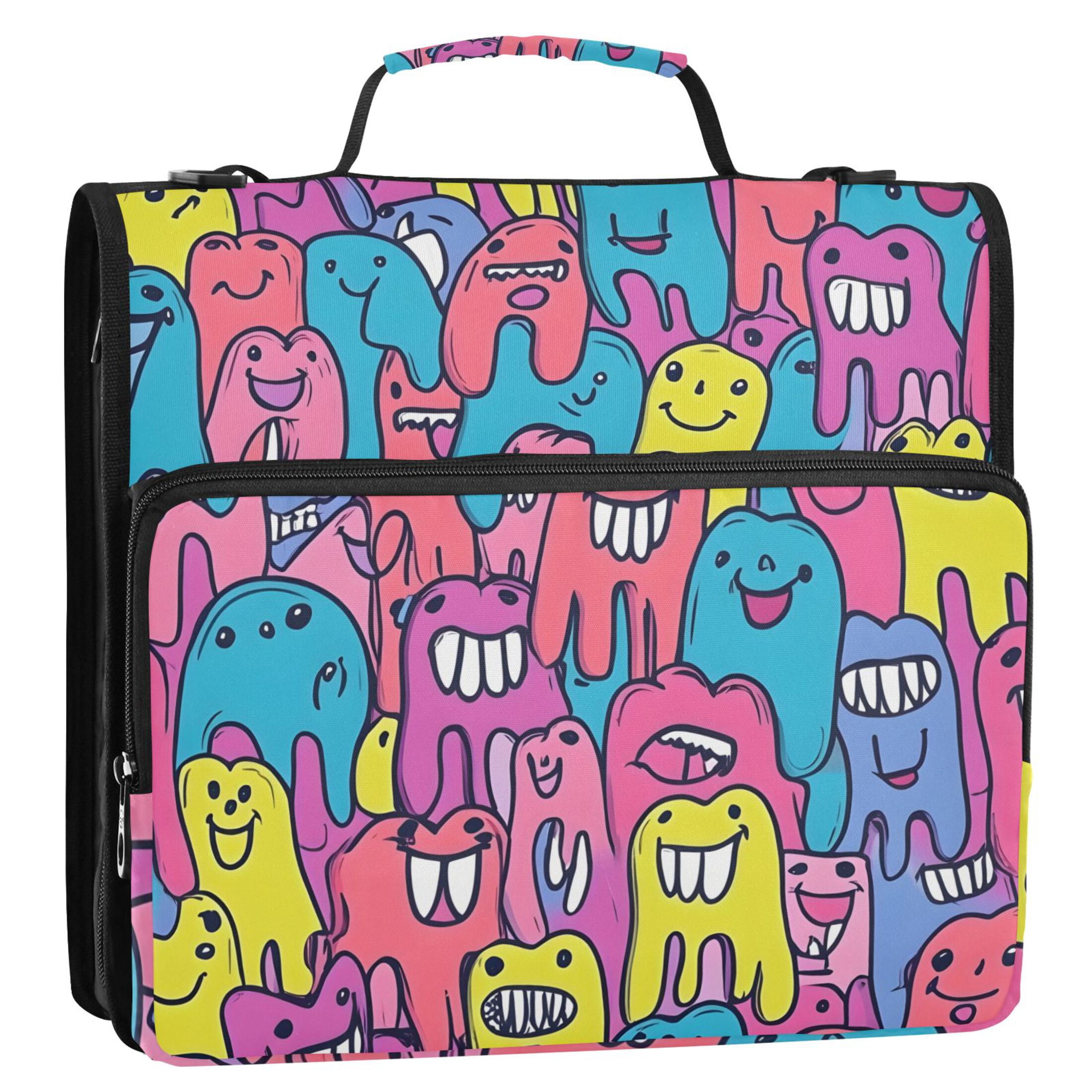 3 Ring Zipper Binder with Shoulder Strap Waterproof Trapper Keeper 2 Inch D-Ring 500 Sheets Capacity Cartoon Teeth