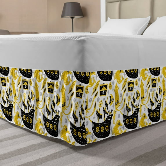 Pirate Bed Skirt, Sea Doodle Pattern Nursery Ship Crab Seahorse Treasure Island Starfish, Elastic Bedskirt Dust Ruffle Wrap Around for Bedding Decor, 4 Sizes, Earth Yellow and Black, by Ambesonne