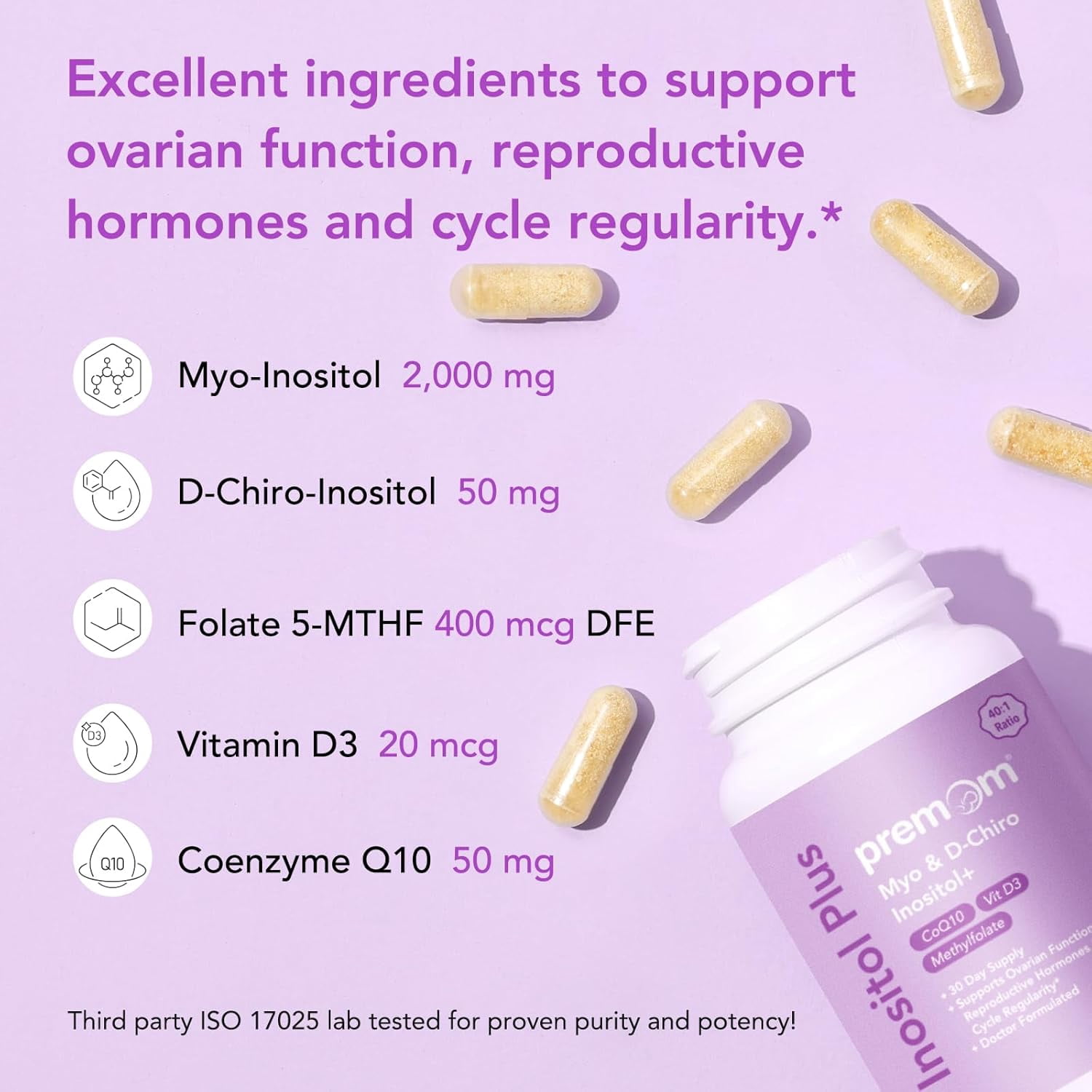 Premom Inositol Plus Fertility Supplement with Myo-Inositol & D-Chiro Inositol, 50mg for Ovarian & Reproductive Health