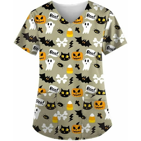 

Women Scrubs Top Nurses Clothing Working Uniform Top Care Workwears Short Sleeve V-Neck Pumpkin Printed Top Fashion T-Shirts