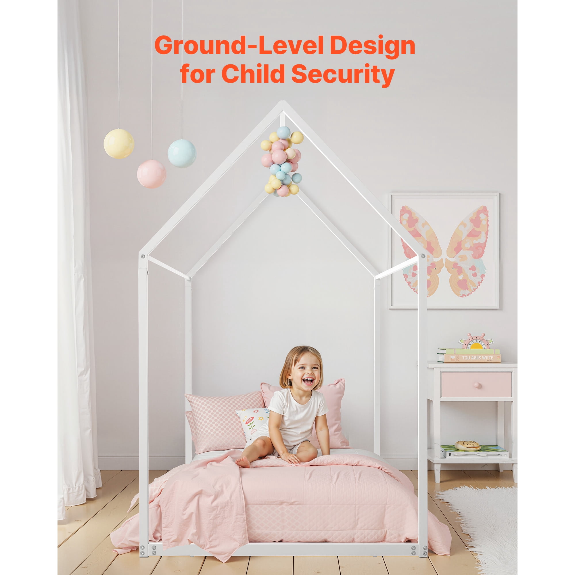 KFFKFF Twin Size Canopy Bed Frame, Kids Floor Bed with Roof Design, Durable Steel Slats Support, House-Shaped Frame for Boys and Girls, No Box Spring Required, Simple Assembly, White