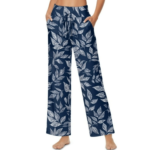 SCRAWLGOD Leaf Print White Navy Blue Womens High Waist Casual Pants Drawstring Wide Leg Vacation Comfy Lounge Trousers Stylish Flowy Loose Fit Slacks with Side Pockets, S