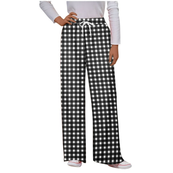 Lenpel Women's Wide Leg Pants Baggy Elastic High Waisted Drawstring Plaid Workout Lounge Pants Casual Loose Sweatpants