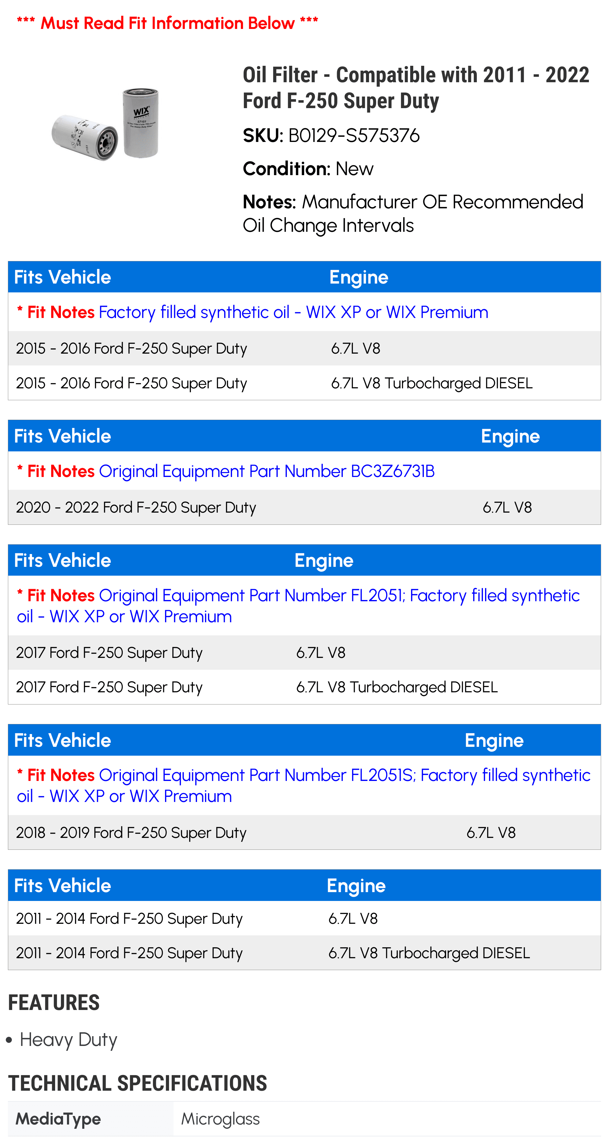 Oil Filter - Compatible with 2011 - 2022 Ford F-250 Super Duty 2012 2013 2014 2015 2016 2017 2018 2019 2020 2021