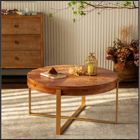 33.86"Modern Retro Splicing Round Coffee Table,Fir Wood Table Top with Gold Cross Legs Base(Same SKU:W757127348)
