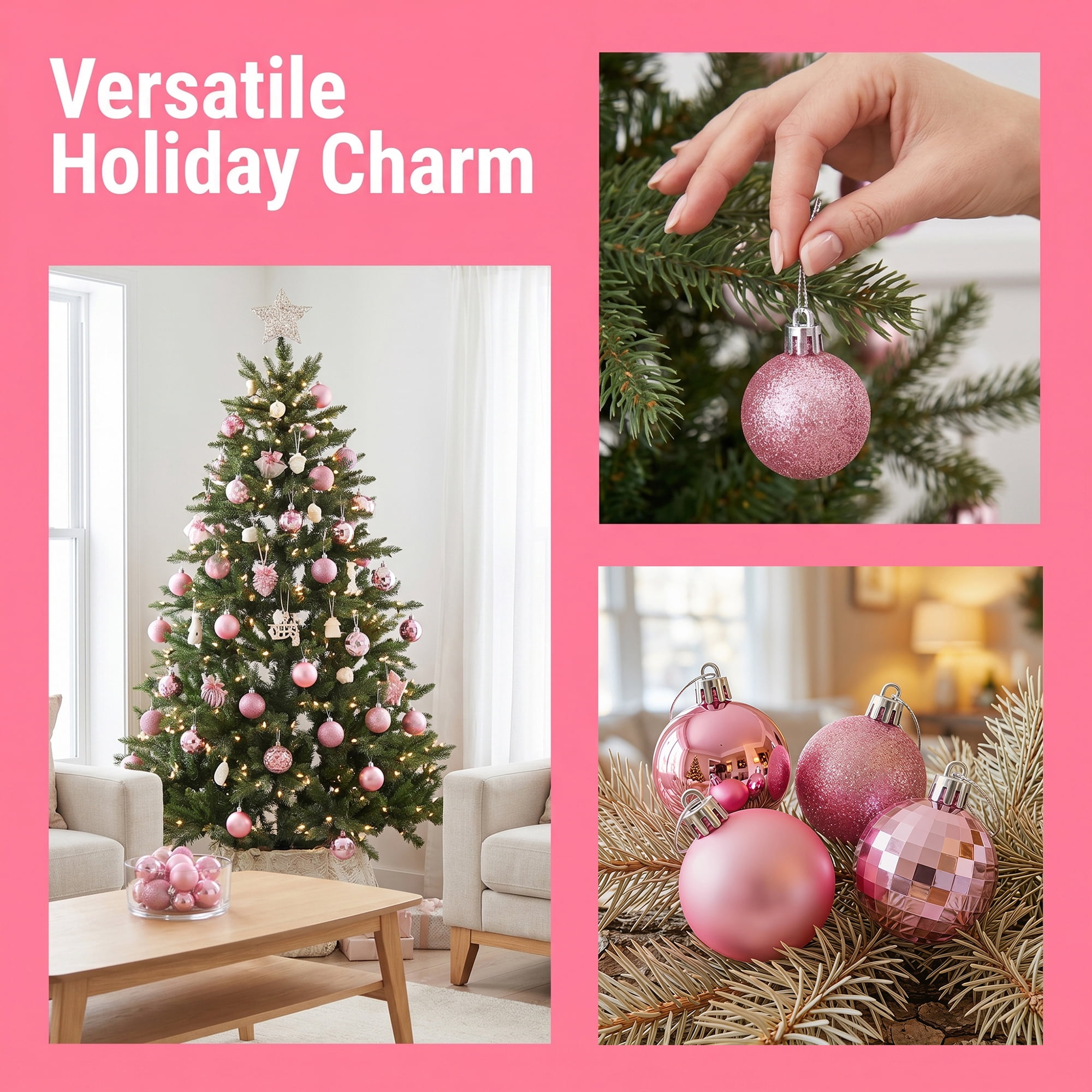 Unique Bargains 24Pcs Christmas Tree Hanging Baubles Shatterproof Ornaments Pink 1.6"