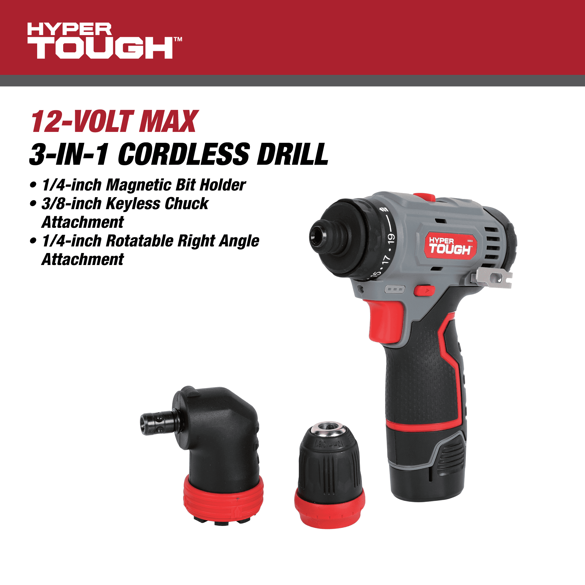 Hyper Tough 12V Max Lithium-Ion 3-in-1 Multi-Head Power Drill Set with 1.5Ah Battery and Charger