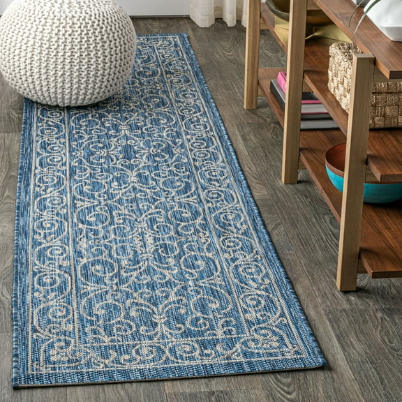 JONATHAN Y SANTA MONICA 2 x 8 Runner Rug, Charleston Vintage Filigree Textured Weave - Navy/Gray, SMB106D-28