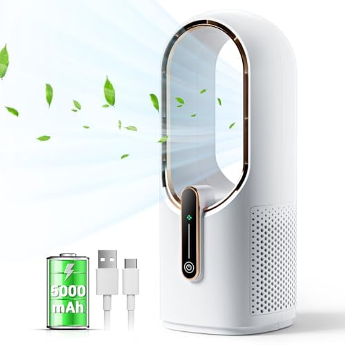 KONSIDEN Ventilador de escritorio sin aspas, ventilador recargable de 11,8 pulgadas, ventilador de oficina pequeño y silencioso, flujo de aire de 3 velocidades, control táctil, fácil de limpiar, venti