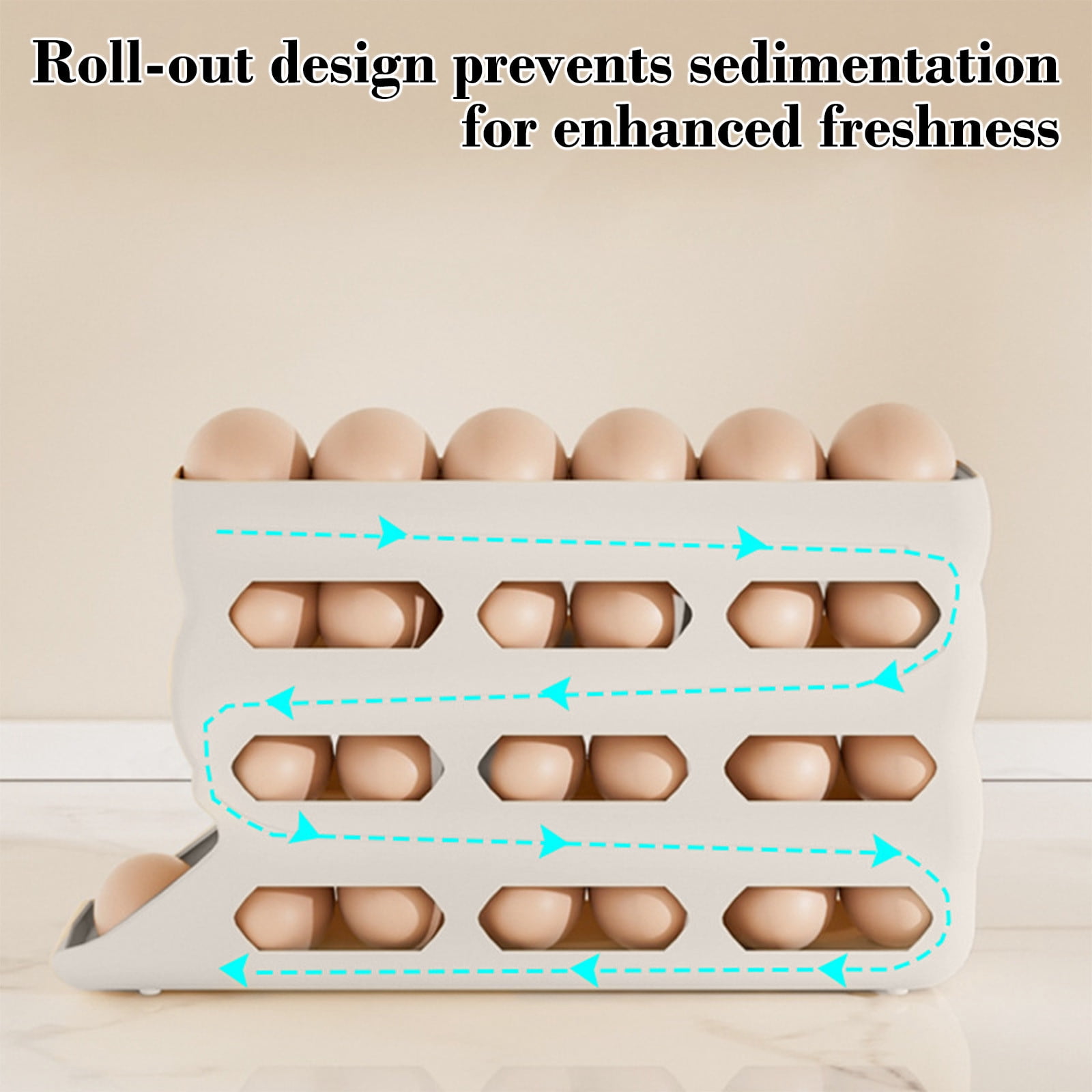 Votnto 30-Count Automatic Rolling Egg Dispenser, 4-Tier Refrigerator Egg Holder Organizer (White/Khaki/Gray)